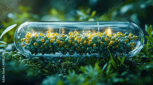 Close-up of a transparent bio-battery demonstrating engineered bacteria producing sustainable energy for future clean power in 2100