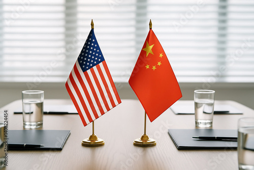 Diplomatic negotiation meeting between United States and China represented by miniature flags on official meeting table..