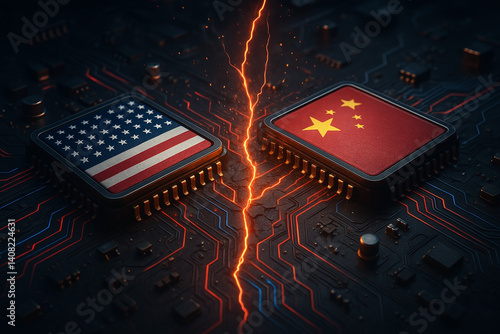 Microchips with US and China flags separated by a crack and electric spark, symbolizing the technological war and semiconductor industry conflict..