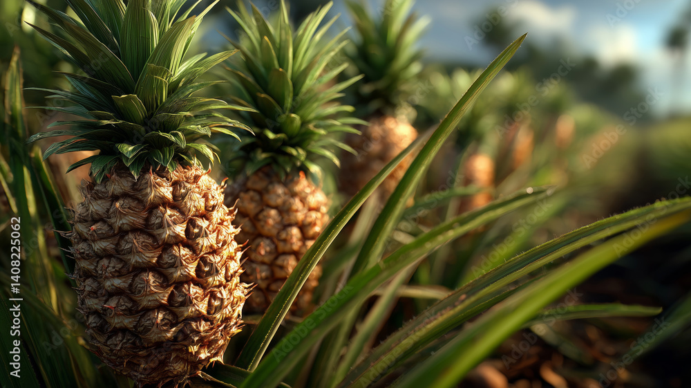 Obraz premium Vibrant pineapple field showcasing growth and texture in lush greenery