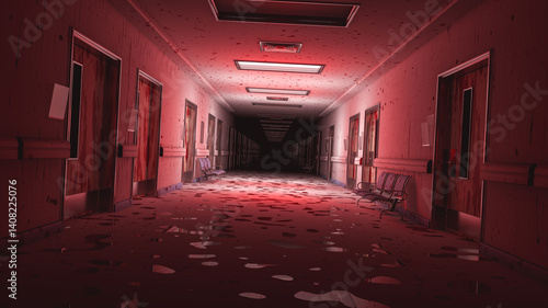 Scary empty hospital with some lights on. Bloody corridor as a crime scene with doors, chairs and no people. 3d rendering. seamless loop.