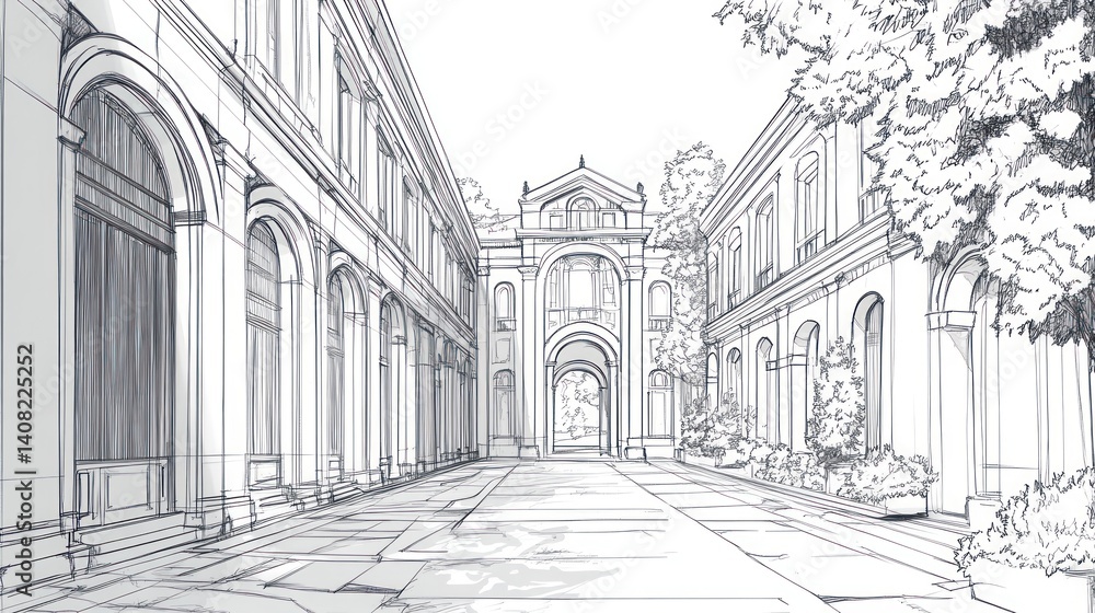 Architectural sketch of a courtyard with classical buildings. Architectural sketch of a courtyard with classical buildings.