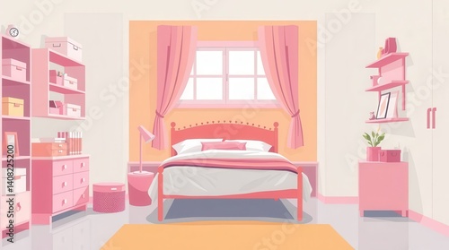 Cozy Anime Girl’s Bedroom in Pastel Pink Colors, Soft Lighting and Decor