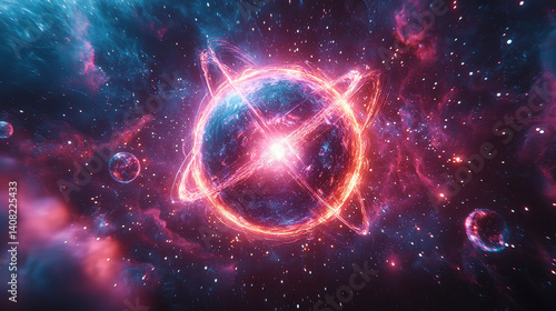 Powerful fusion energy sphere floating in space with vibrant light and orbiting satellites