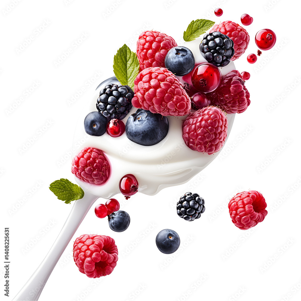 Yogurt with mixed berries on a spoon Yogurt with mixed berries on a spoon