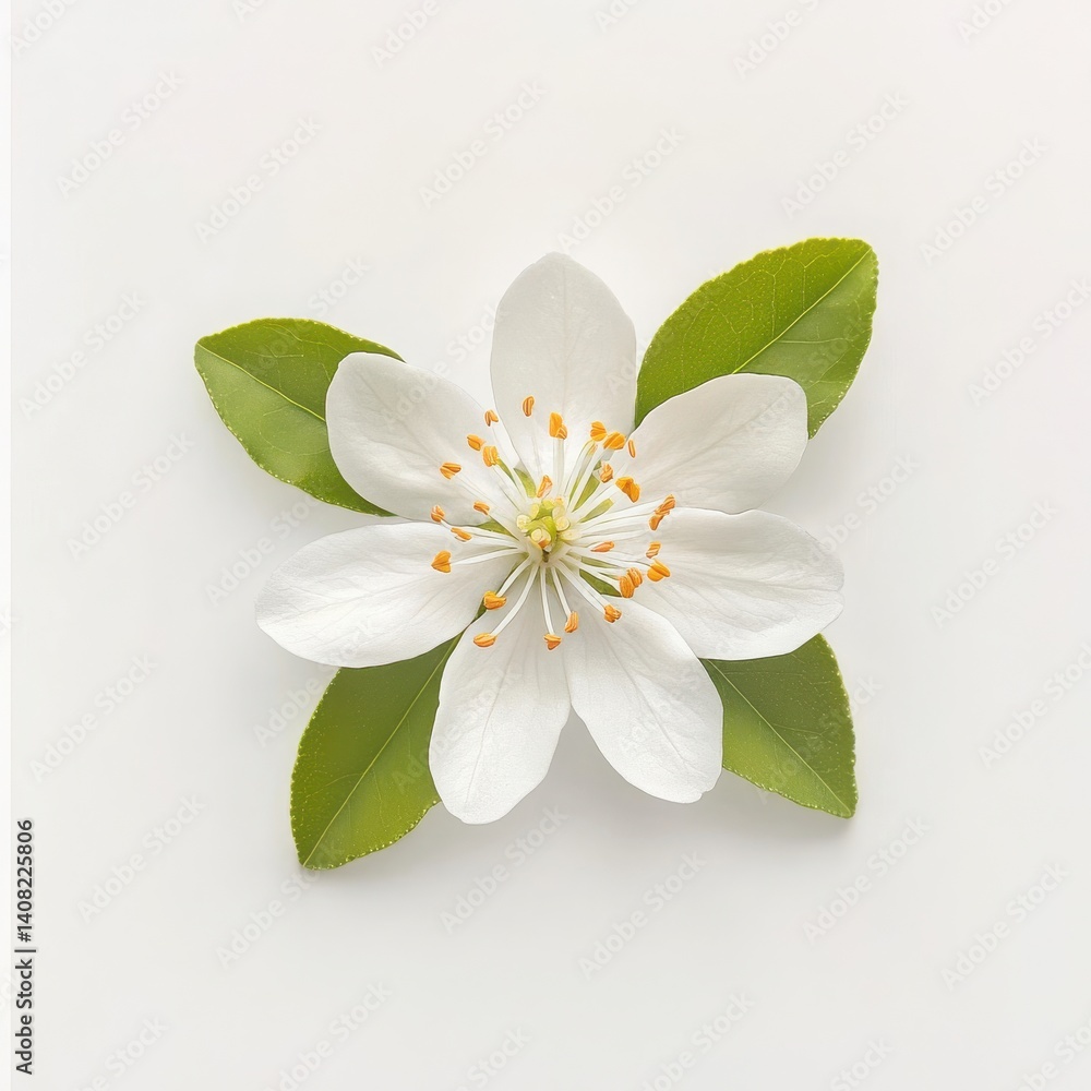 Fototapeta premium A single white blossom with green leaves isolated background