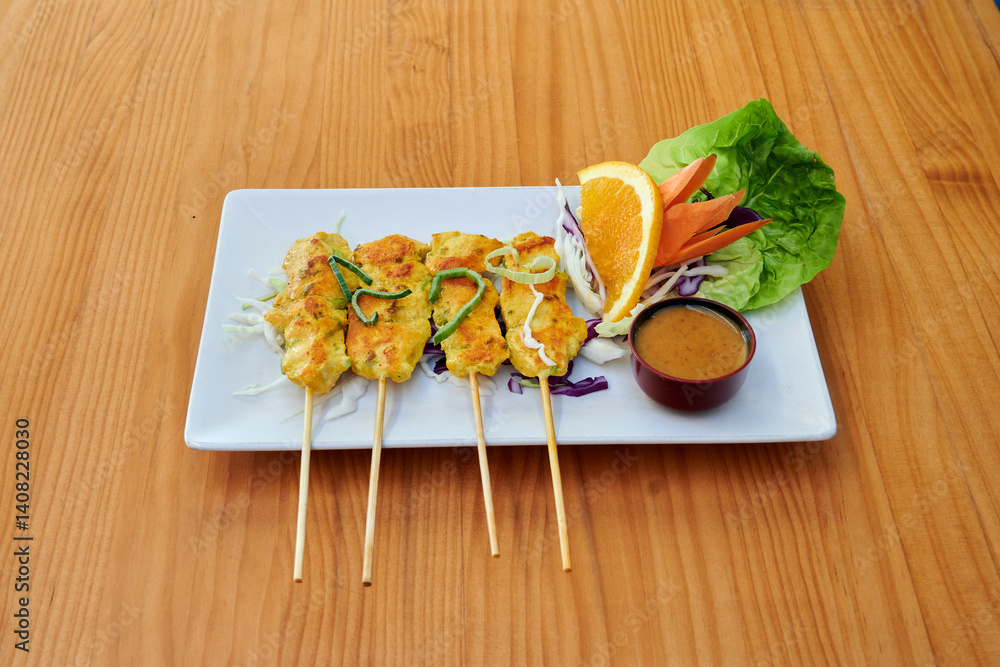 A plate of food with four pieces of meat on sticks and a side of vegetables. The vegetables include carrots and lettuce