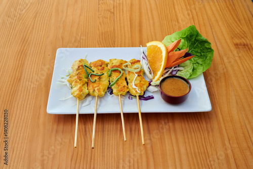 A plate of food with four pieces of meat on sticks and a side of vegetables. The vegetables include carrots and lettuce
