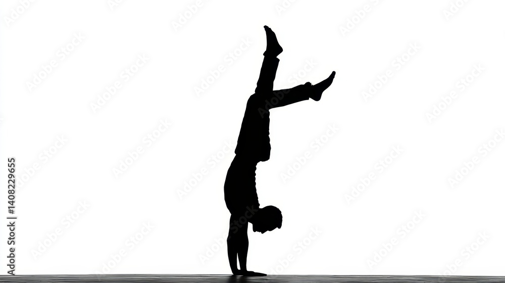Dynamic black silhouette of an acrobat performing an impressive handstand