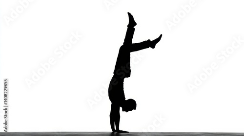 Dynamic black silhouette of an acrobat performing an impressive handstand