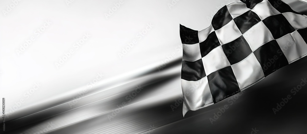 Waving black-and-white checkered flag, iconic in motorsports. Represents race conclusions and competitive spirit.