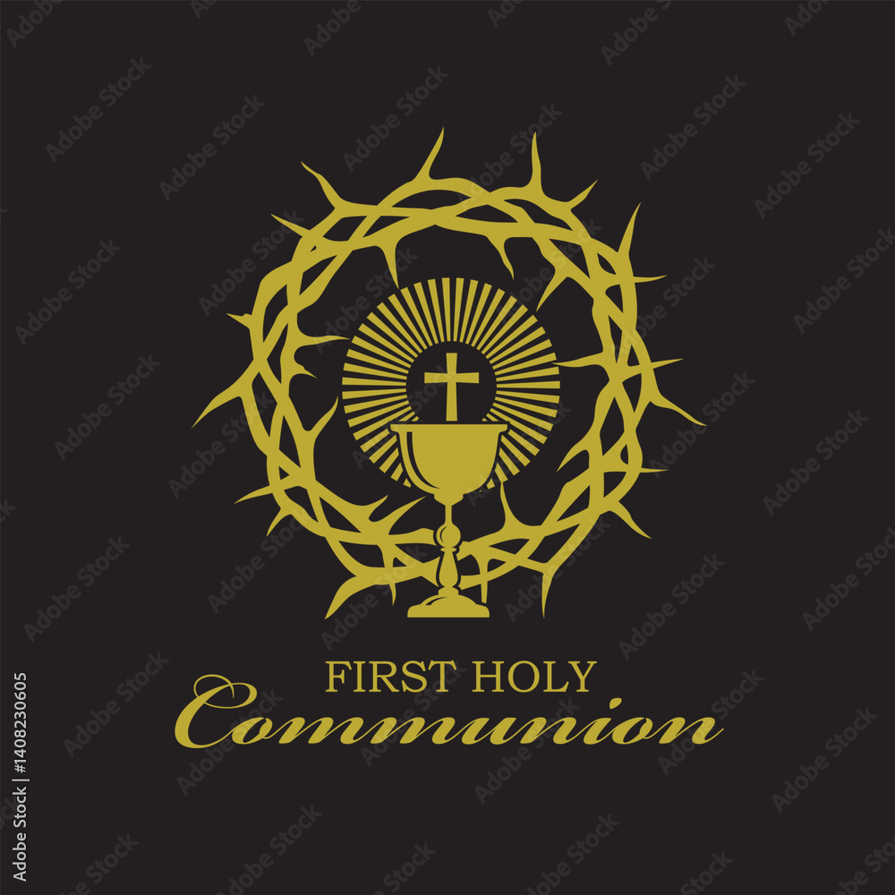 Fototapeta premium golden holy communion icon with chalice and thorn crown isolated on black background