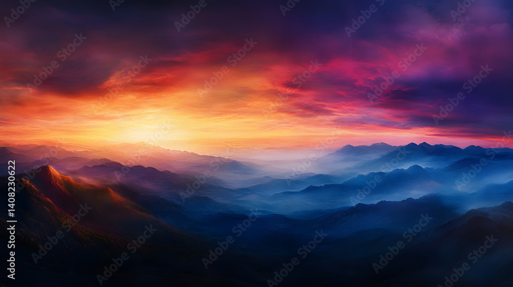 Fototapeta premium A vibrant sunset over a majestic mountain landscape, painting the sky in warm hues of orange and pink.