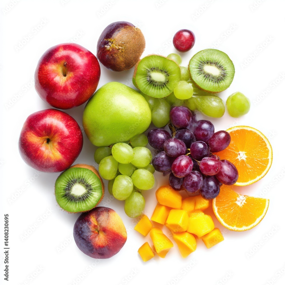 Arrangement of various colorful fruits including apples grapes and oranges Arrangement of various colorful fruits including apples grapes and oranges