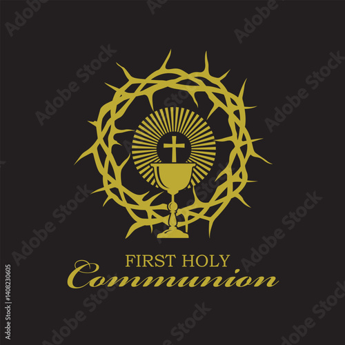 golden holy communion icon with chalice and thorn crown isolated on black background