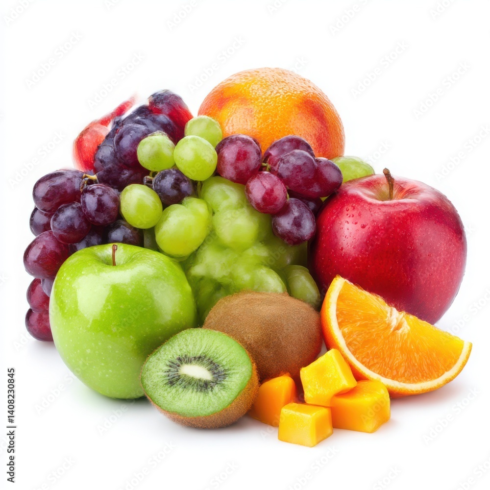 Arrangement of fresh fruits including apples grapes kiwis and orange slice Arrangement of fresh fruits including apples grapes kiwis and orange slice