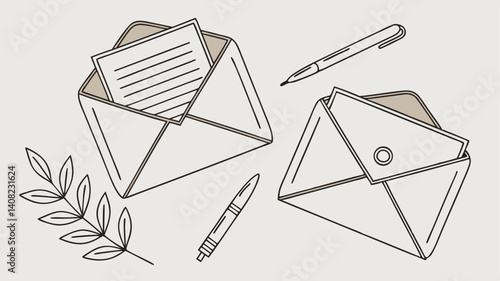 Handwritten letters envelopes pens and leaves create a nostalgic minimalist scene conveying