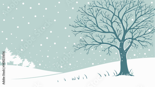 Serene winter scene snow falling on bare tree peaceful landscape soft teal tones minimalist art