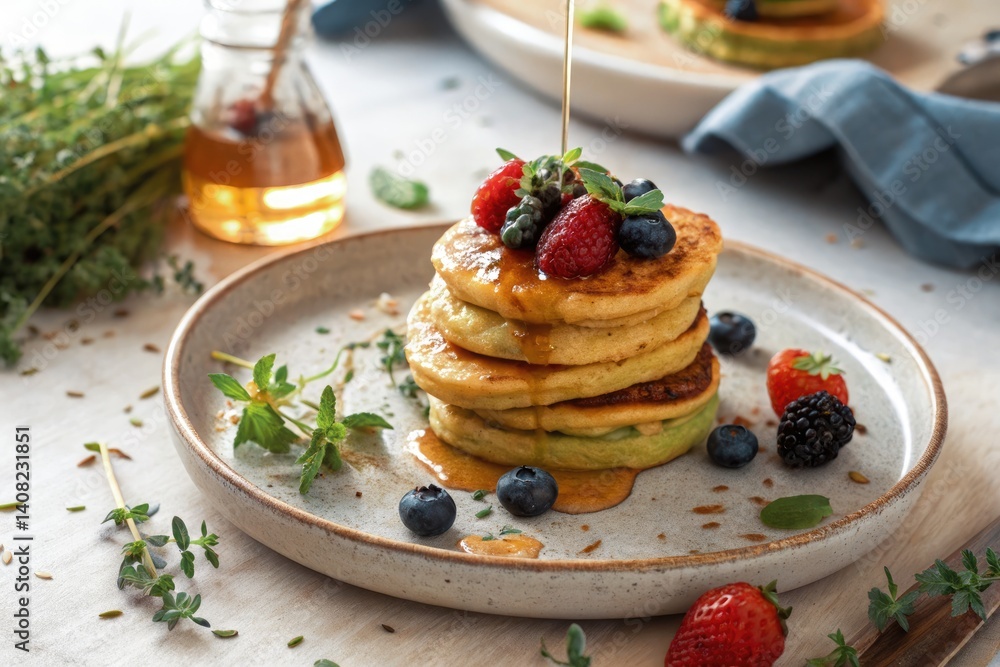 Mini avocado pancakes stacked high with honey and fresh berries for a delightful breakfast treat Mini avocado pancakes stacked high with honey and fresh berries for a delightful breakfast treat