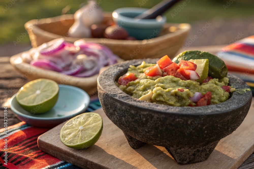 Delicious guacamole served in a traditional stone bowl with fresh ingredients Delicious guacamole served in a traditional stone bowl with fresh ingredients