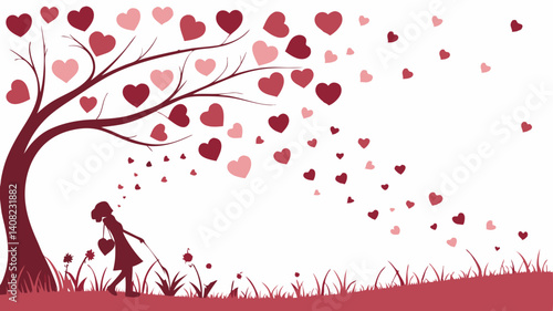 Little girl spreading love under a heart tree a sweet Valentine s Day illustration with a minimalist