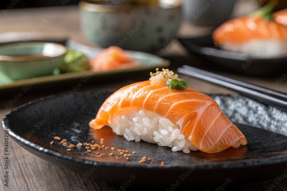 Salmon nigiri sushi served on a black ceramic plate in an upscale dining setting Salmon nigiri sushi served on a black ceramic plate in an upscale dining setting