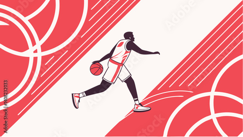 Dynamic basketball player dribbling sharp lines bold red accents stylish minimalist design clean