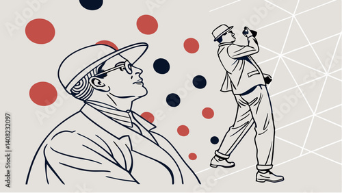 Elegant men in 1920s attire gazing upward stylish line art illustration subtle geometric background