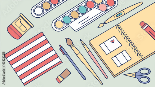 Creative art supplies flat lay colorful paints brushes sketchbook pencils scissors inspiring