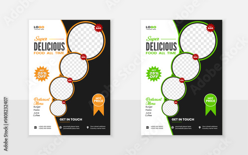  Modern creative a4 size resturant food flyer menu card design template layout with elliptical black green and orange shape
