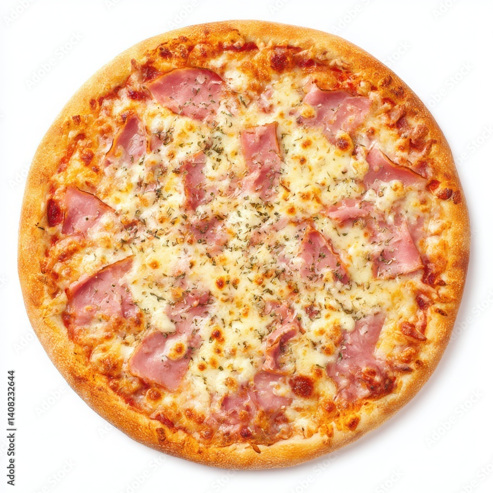 A full view of a pizza topped with ham and cheese on a white background view A full view of a pizza topped with ham and cheese on a white background view