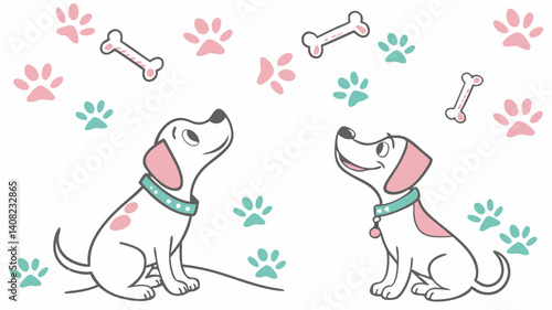 Two adorable puppies look up at playful bones and paw prints a sweet illustration with pastel colors
