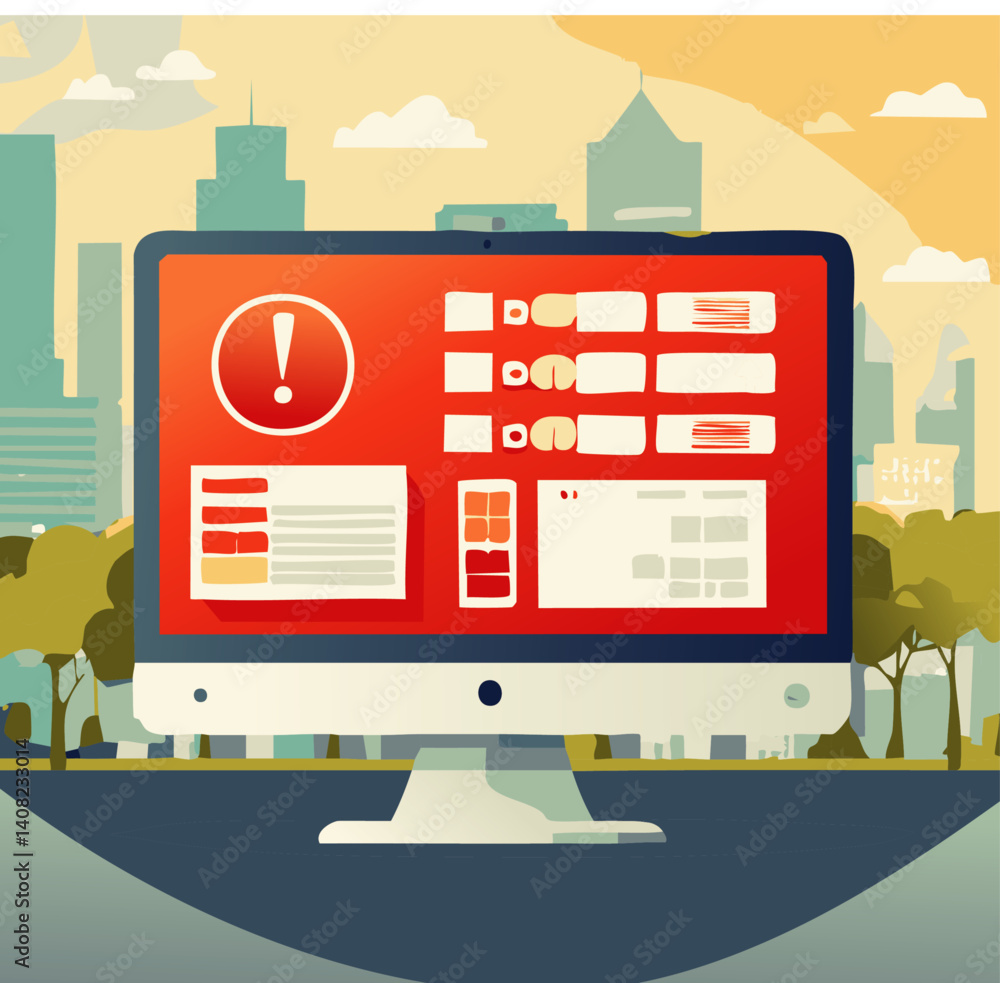 Obraz premium Cybersecurity Alert on Computer Screen with Urban Background in Flat Design Style