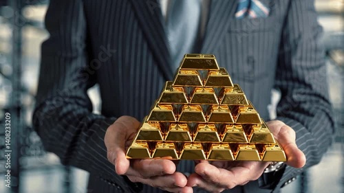 gold bars or gold ingot stacking with business hand. Financial wealth, investment and trading concept.
