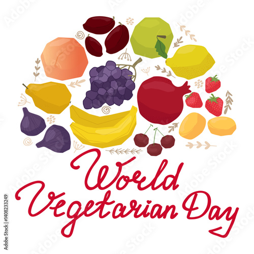 Vector illustration celebrating World Vegetarian Day featuring a variety of fruits such as apples, grapes, bananas, and strawberries arranged in a colorful and artistic layout.