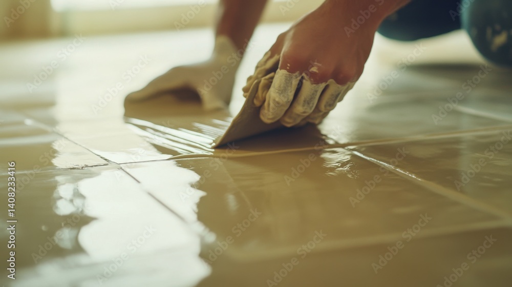 Obraz premium Hispanic tiler applying adhesive to a floor before tiling. Featuring preparation work and flooring expertise