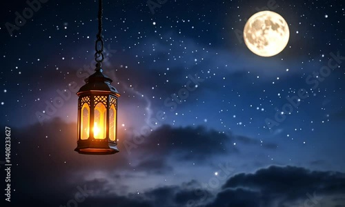 Glowing Lantern Hanging in Night Sky with Stars and Moon
