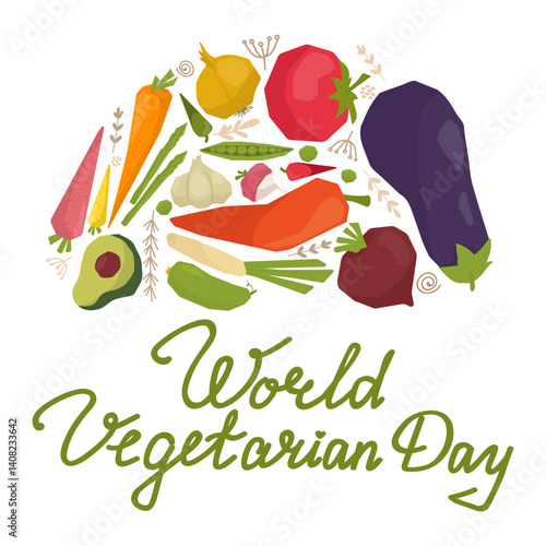 Colorful vector illustration celebrating World Vegetarian Day with an arrangement of various vegetables like carrots, tomatoes, and eggplants forming a heart shape.