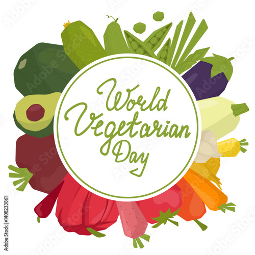 Vector illustration celebrating World Vegetarian Day featuring a vibrant array of fresh vegetables including an avocado, zucchini, and eggplant arranged around a central text.