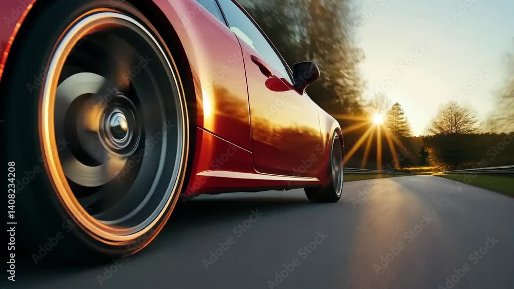 Low angle view of a red car driving down an empty road at sunset