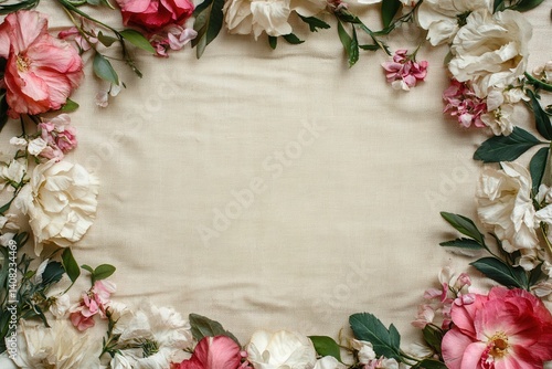 Wallpaper Mural Floral Border Frame with Pink and White Roses on Canvas Texture – Vintage Spring Invitation Background Torontodigital.ca