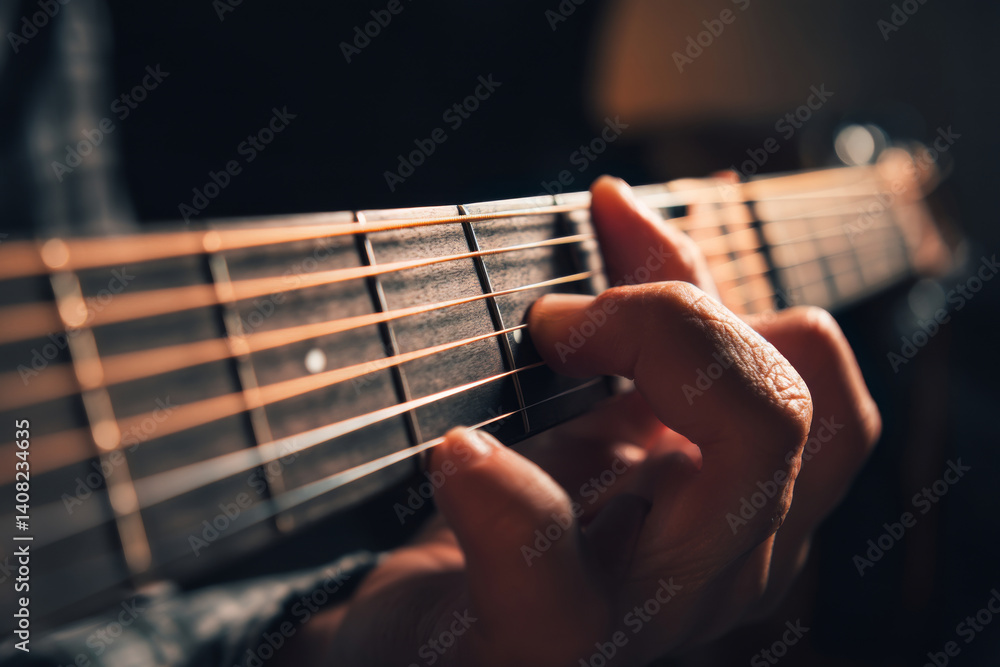 Detailed close-up of fingers pressing strings on acoustic guitar fretboard. Musician plays guitar
