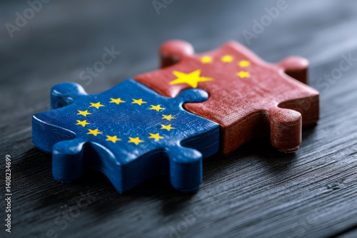 Two puzzle pieces with flags of European Union and China connected together.