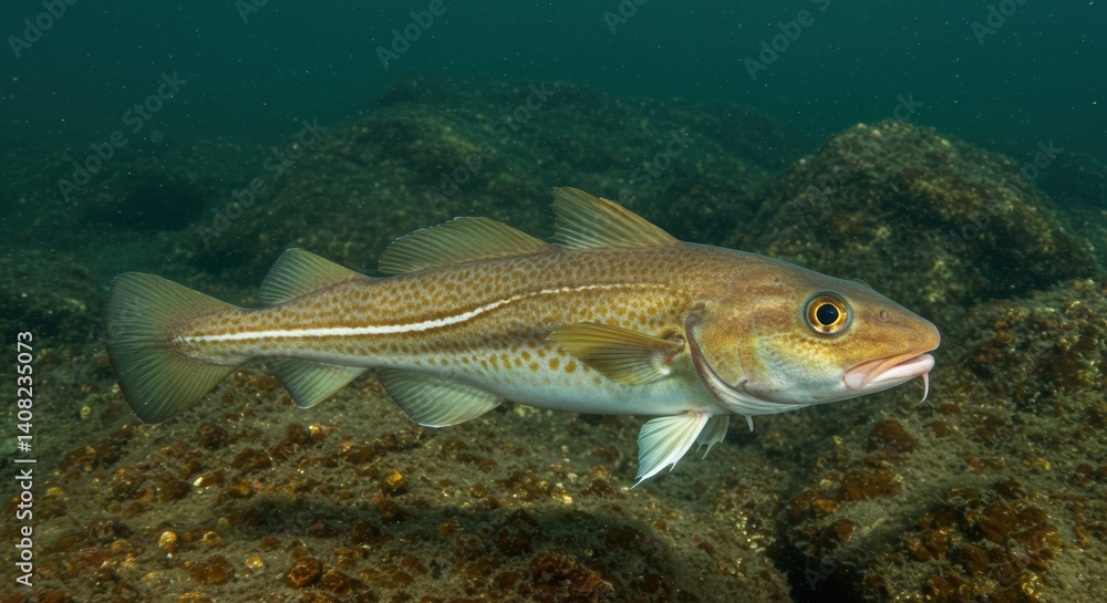 Naklejka premium Atlantic Cod in Ocean Habitat for Marine Life Presentation Material, Commercial Fishing Industry Publication and Study of Animal in Natural Underwater Environment