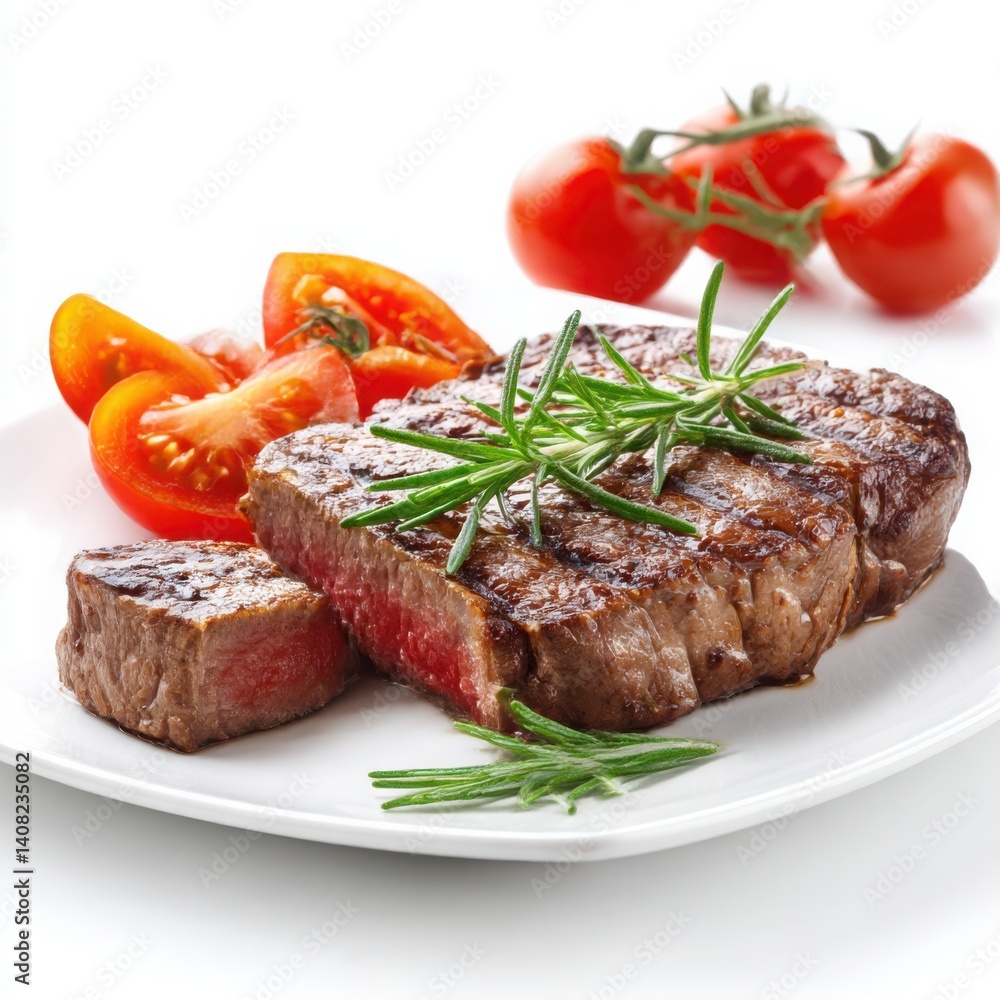 Grilled steak with rosemary and tomatoes served on a white square plate Grilled steak with rosemary and tomatoes served on a white square plate