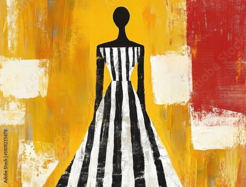 A silhouette in a striped dress stands against a colorful backdrop