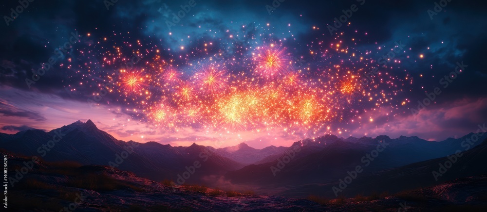 Mystical Fireworks Display Over Mountain Range at Sunset. Mystical Fireworks Display Over Mountain Range at Sunset.