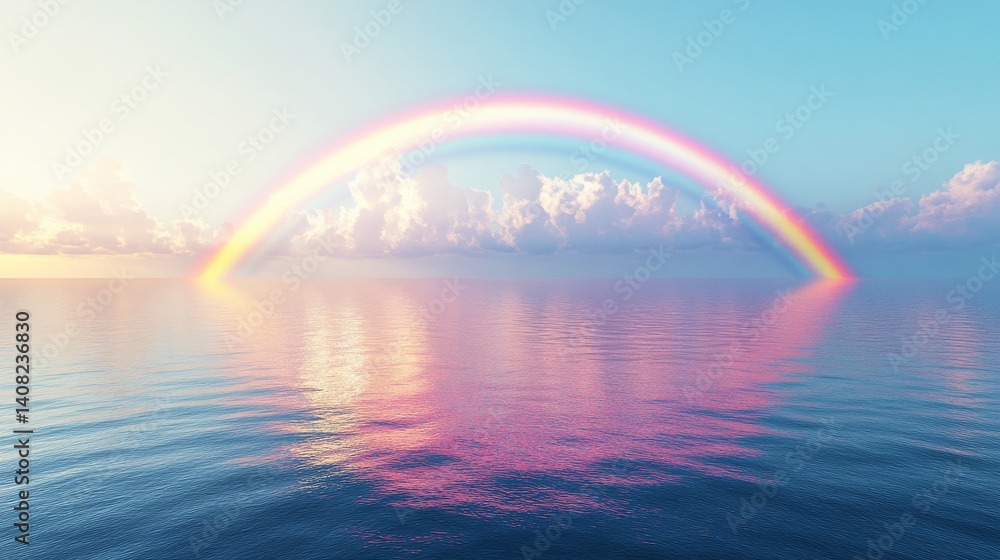 A vibrant rainbow and serene sunset are reflected in calm water, a product of generative artificial intelligence A vibrant rainbow and serene sunset are reflected in calm water, a product of generative artificial intelligence