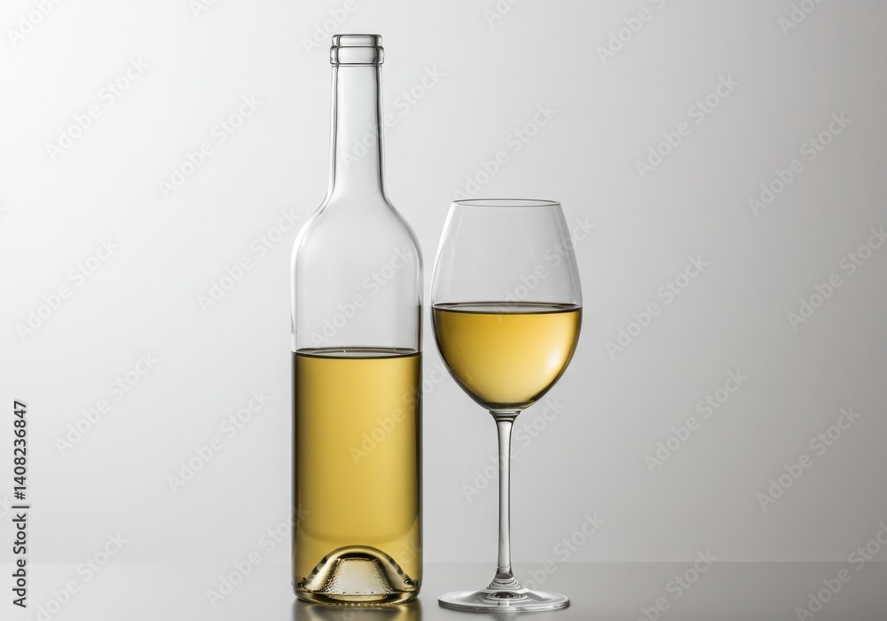 A still life featuring a bottle and glass filled with white wine against a white background in soft light A still life featuring a bottle and glass filled with white wine against a white background in soft light