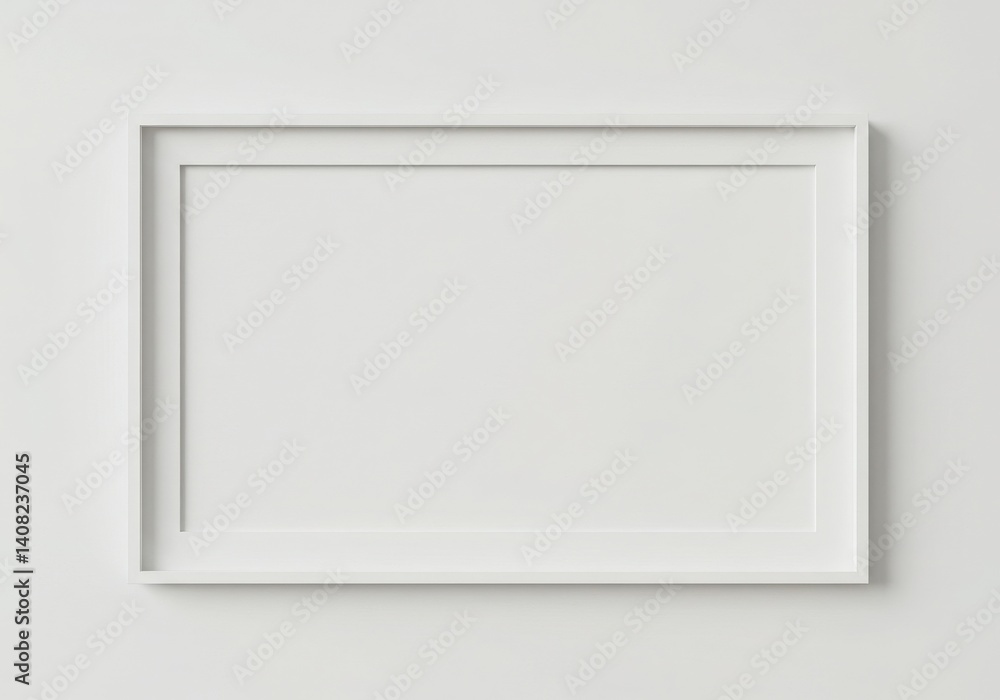 A close up shot of a white square frame hanging on a white wall with a white background inside it A close up shot of a white square frame hanging on a white wall with a white background inside it